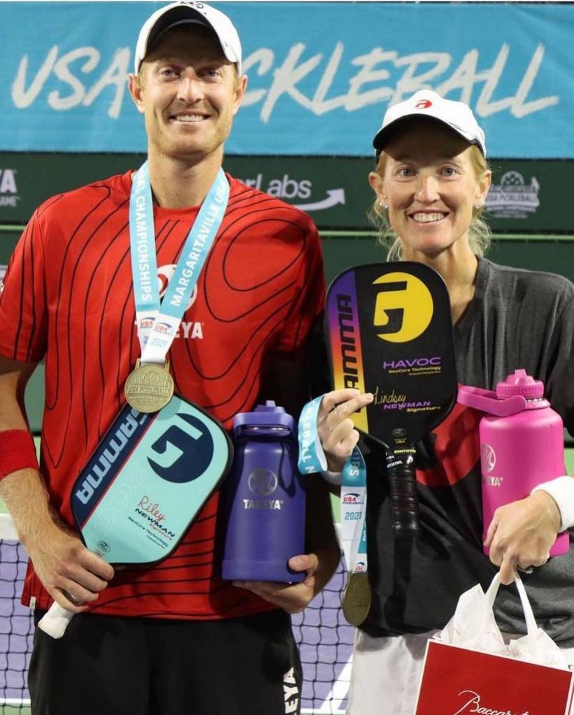 Siblings Riley, left, and Lindsey Newman placed first in the mixed pro doubles division at the 2021 USA Pickleball National Championships. The Newmans are South Whidbey High School alumni and professional pickleball players. (Photo by Bruce Yeong)