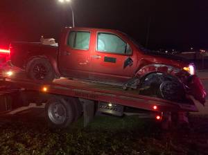 Oak Harbor Police photo
A pickup involved in a high-speed chase in Oak Harbor Sunday night was damaged when the suspect crashed into a tree.