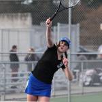 Photo by John Fisken
South Whidbey senior Maia Richards, No. 2 singles in varsity, returns the ball during the match against Oak Harbor.