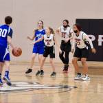 Photo by Conor Laffey
From left, North Whidbey Middle School eighth graders Annalise Wesley, Allena Locklear and Zoe Scott face off against Cascade Middle School athletes in the final game of the season.