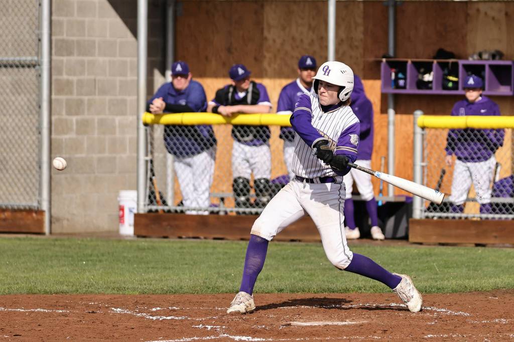 Photo by John Fisken
Chandler Gisvold bats for Oak Harbor during an April 4 baseball game against Anacortes. The Wildcats were victorious.