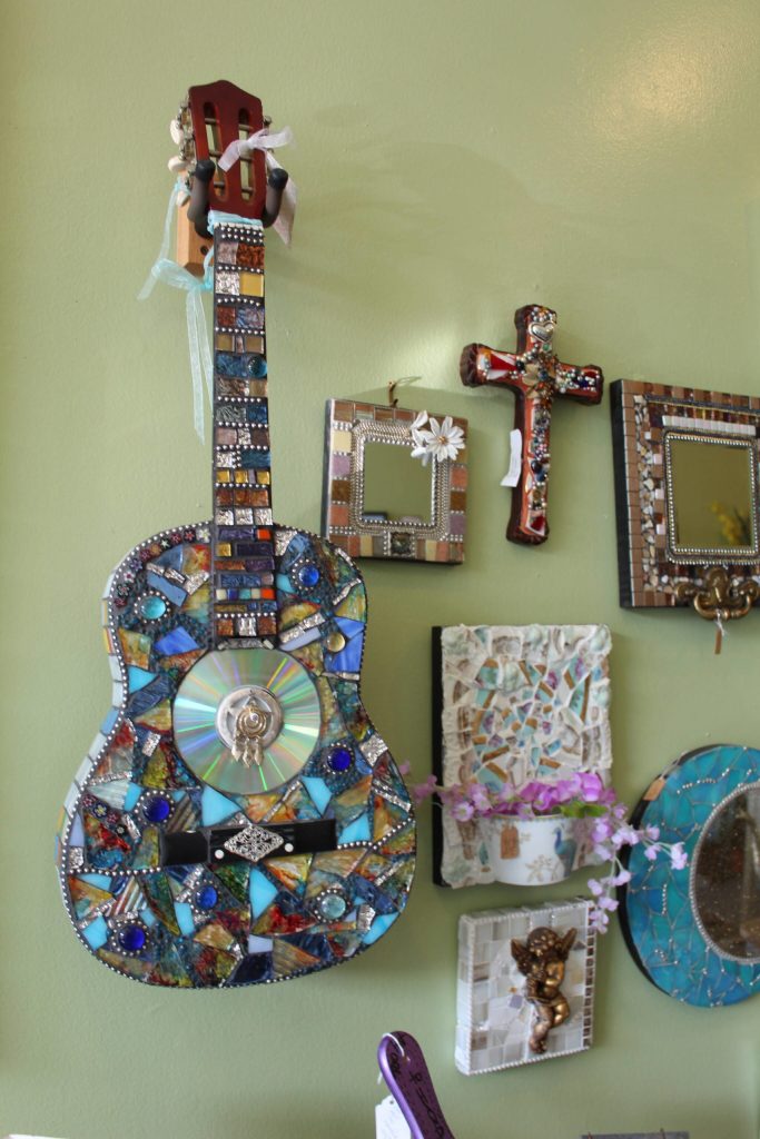 Charlotte Grays mosaic art can be found in her shop, Whimsies, on Pioneer Way.