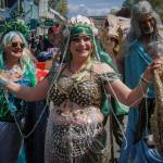 Photo by David Welton
Mermaids Shelley Sue Olson, left, and Tessa Karno made a splash at Saturdays Welcome the Whales parade in Langley in some of the most eye-catching costumes present. Karnos husband, Richard, dressed as Poseidon to accompany the group of mermaids, who are belly dancers known for an annual flash mob event called the Shimmy Mob.