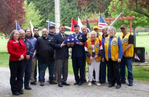 Photo by Rachel Rosen/whidbey News-Times
From L to R: Kelly Davidson, Chairman; Michael Douglas, Maple Leaf Cemetery Manager; Jonathan Brown, Technical Account Manager, Whidbey Tech Solutions; Alex Felger, Audio Engineer, ZnAvids, LLC; David Meddock, Certified Technical Officer, Whidbey Tech Solutions; Gary Weatherford, Video Engineer, Panduh Productions, LLC; CMDCM Charles Chuck Bond, US Navy (Ret.) – EmCee; Major General Patricia Rose, US Air Force (Ret.) – Guest Speaker; Bill Cheaqui, President – Oak Harbor Lions Club; Sandi Carrothers – Oak Harbor Lions Club; Tom Bond, Secretary – Oak Harbor Lions Club; Bobbi Lornson, 1st VP – Oak Harbor Lions Club; Ginny Munn – Oak Harbor Lions Club; Adam McCann – Oak Harbor Lions Club