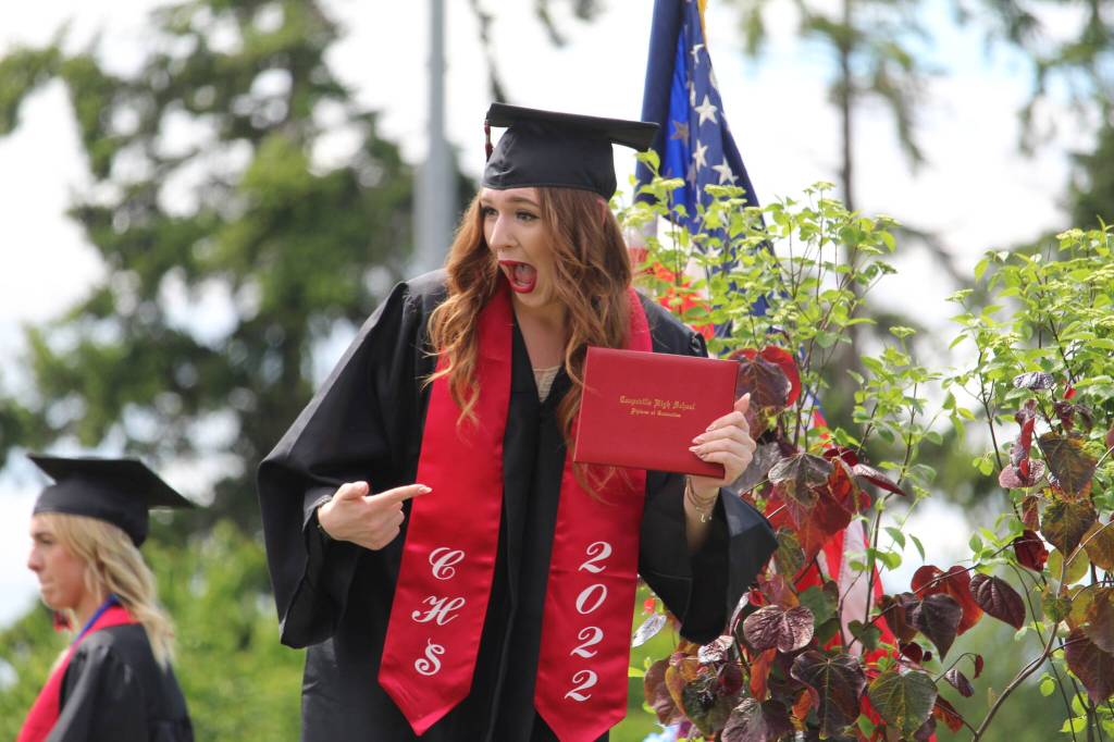 Photo by Karina Andrew/Whidbey News-Times
Graduating senior Samantha Streitler shows off her diploma at commencement June 11.