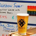 A pint of Rainbow Sour glimmers in the sunlight. The wheat beer is made with 10 pounds of gummy bears, which give the beer a subtly sweet taste. (Photo by Kira Erickson/South Whidbey Record)