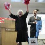 Photo by Lauren Steinbrecher
Helen Chatfield-Weeks performs her patented cheer during a 2012 event at which Island County Historical Society honored her for her work preserving history.