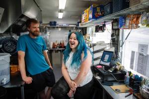 Photo by David Welton
Sterling Jones and Allie Stock are the owners of new business Salty Sea Coffee, a food truck full of drinks and concessions down by the Clinton ferry terminal.