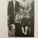 Flora Pearson Engle sits for a photo with her children, grandchild and dog.