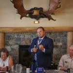 Photo by David Welton
Republican Tim Hazelo, a candidate for Island County commissioner, addresses attendees at a recent Old Goats  Fully Informed Voters luncheon. Left, Democrat and incumbent Janet St. Clair. Right, Rufus Rose, an organizer of the discussion group and moderator for the lunch event.