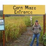 Shannon Hamilton stands in front of last year's corn maze at Whidbey Farm and Market. (Photo by Rachel Rosen/Whidbey NEws-Times)
