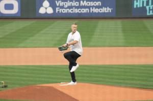 Photo by Kira Erickson/South Whidbey Record
Riley Newman, 2011 South Whidbey High School alum and pickleball star, throws out the first pitch at Saturday nights Mariners baseball game.