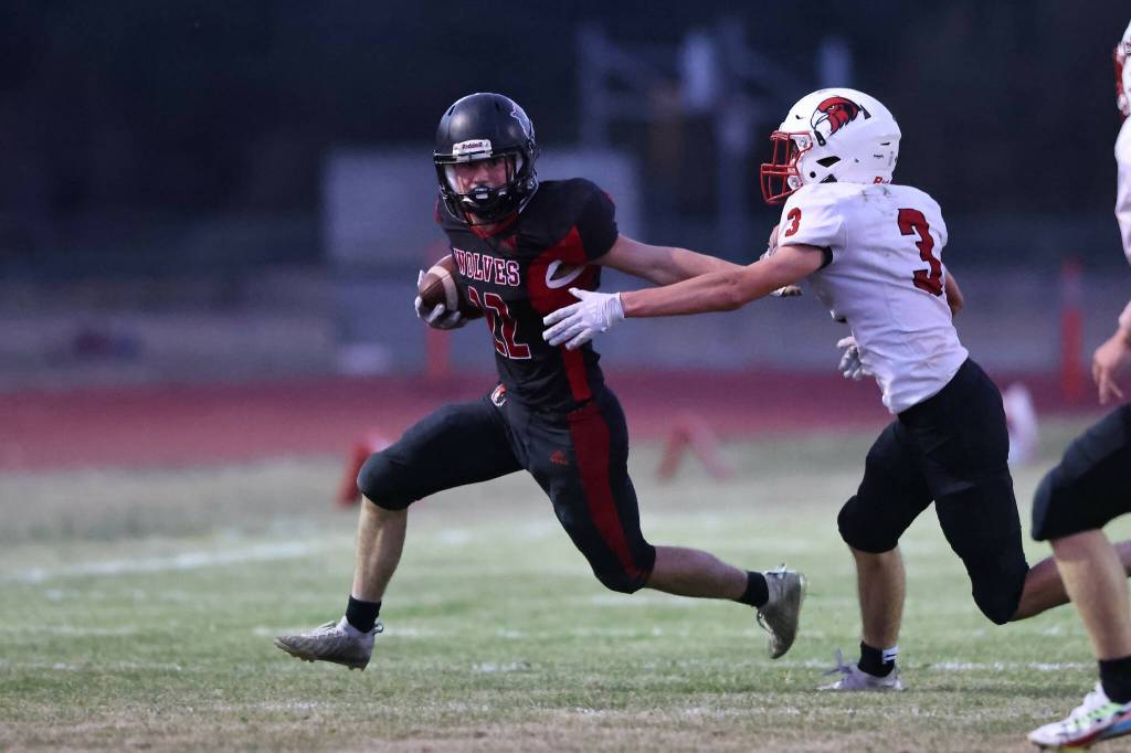 Photo by John Fisken
Scott Hilborn of the Coupeville Wolves <strong>during</strong>Thursdays game. Coupeville High Schools varsity football team defeated Bellingham 48-6.