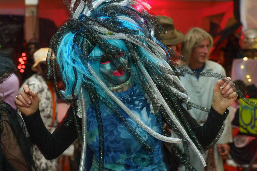 Siobhan Wright came dressed as Blue Medusa to the Black Cat Ball in Bayview Hall.