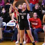 Photo by John Fisken
Coupeville athlete Alita Blouin takes a shot at a Nov. 30 game against South Whidbey High School. Coupeville defeated South Whidbey 46-22.