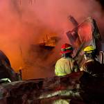Photo provided
Firefighters battled a blaze early Friday morning at a burning South Whidbey workshop.
