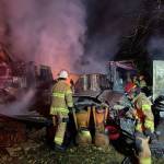 Photo provided
Firefighters battled a blaze early Friday morning at a burning South Whidbey workshop.