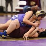 Photo by John Fisken
Oak Harbor athlete Tiayanna Gibson wrestles with Lakewood athlete Abby Loza during a Dec. 7 match. Oak Harbor defeated Lakewood 66-12 at the first competition of the season.