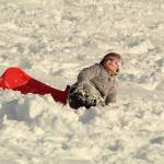 Jackson Frasher, age 3, takes a tumble in the snow while sledding near the Oak Harbor library Tuesday afternoon. (Photo by Karina Andrew/Whidbey News-Times)
