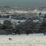 Oak Harbor residents take advantage of the first snowfall of winter by sledding on a hill overlooking the city Tuesday afternoon. (Photo by Karina Andrew/Whidbey News-Times)