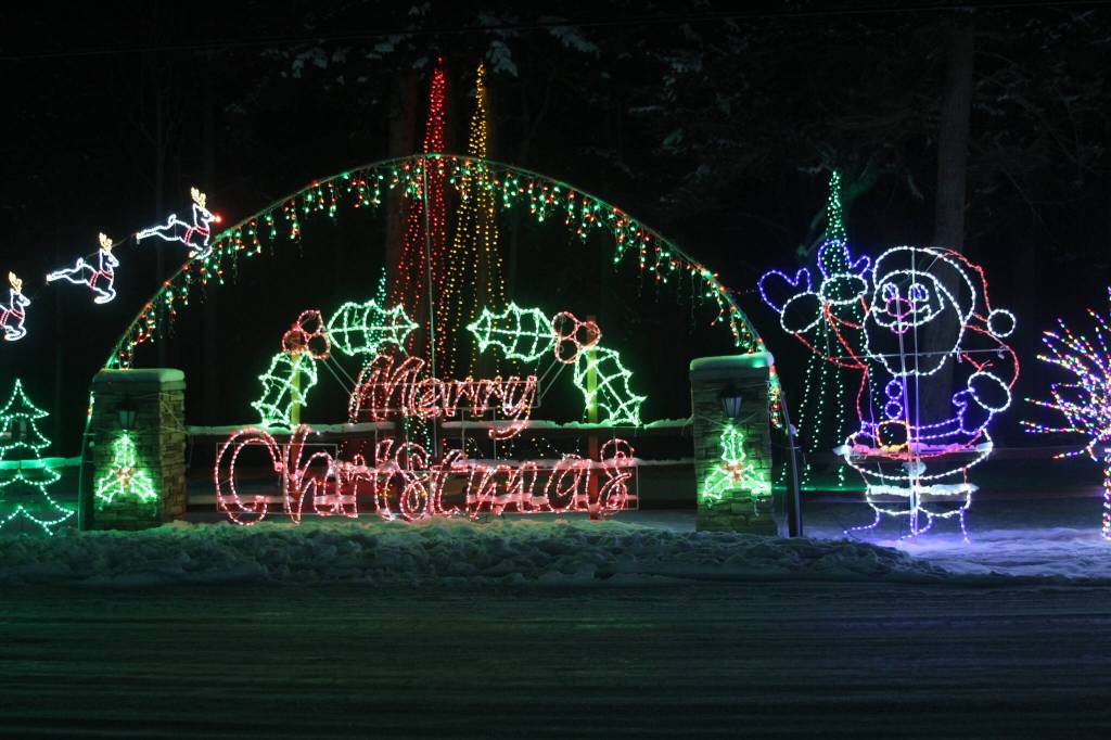 An extravagant light display at the corner of Hastie Lake Road and West Beach Road features a variety of characters, from Christmas classics like Santa Claus, reindeer and gingerbread people to less conventional holiday friends like dinosaurs, sea monsters and orcas. (Photo by Karina Andrew/Whidbey News-Times)