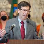 Washington Attorney General Bob Ferguson speaks March 23, at the Capitol, in Olympia. (AP Photo / Ted S. Warren, File)