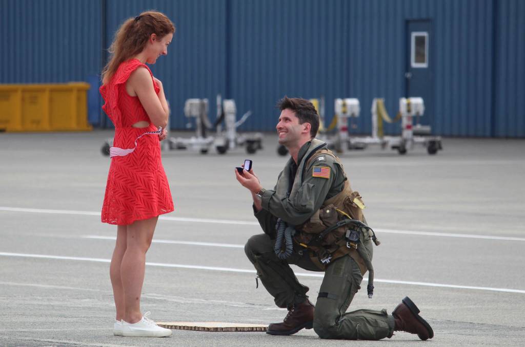 Lt. Colby Diamond proposes to his girlfriend, Deirdre Tomlinson shortly after returning home from deployment in August. (Photo by Karina Andrew/Whidbey News-Times)