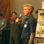 Photo by Karina Andrew/Whidbey News-Times
Former VA-115 member Jack Keegan speaks at a presentation on base commemorating the last crew from NAS Whidbey Island shot down during the Vietnam War.
