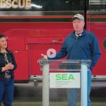 Port of Seattle photo
Mark Schroeder shares his thanks to the first responders who saved his life when he suffered cardiac arrest on the Whidbey SeaTac Airport shuttle in January.