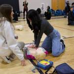 Photo by Rachel Rosen/Whidbey News-Times
Students at North Whidbey Middle School learn how to perform CPR on dummies.