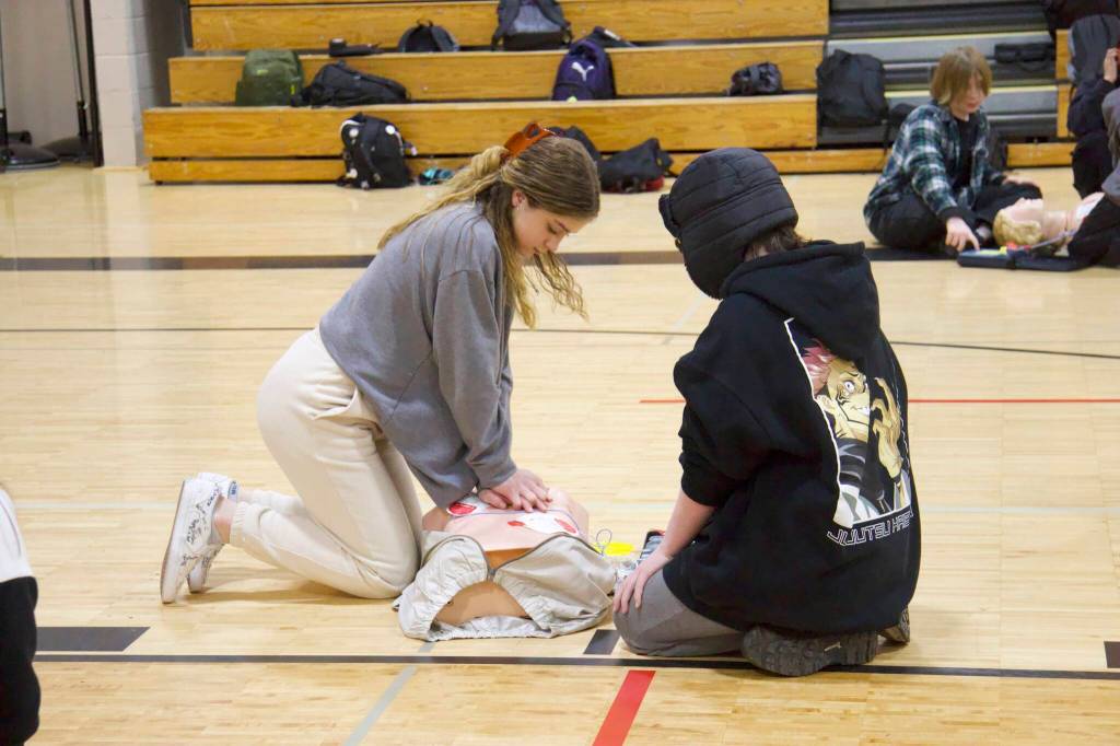 Photo by Rachel Rosen/Whidbey News-Times
Students at North Whidbey Middle School learn how to perform CPR on dummies.