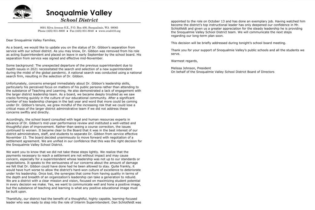 District letter outlining its decision to fire Superintendent Lance Gibbon.
