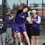 Barrett Schmall throws a shot put ball at a March 19 track meet against Burlington. The Oak Harbor High School varsity boys team won 83 to 62. (Photo by John Fisken)