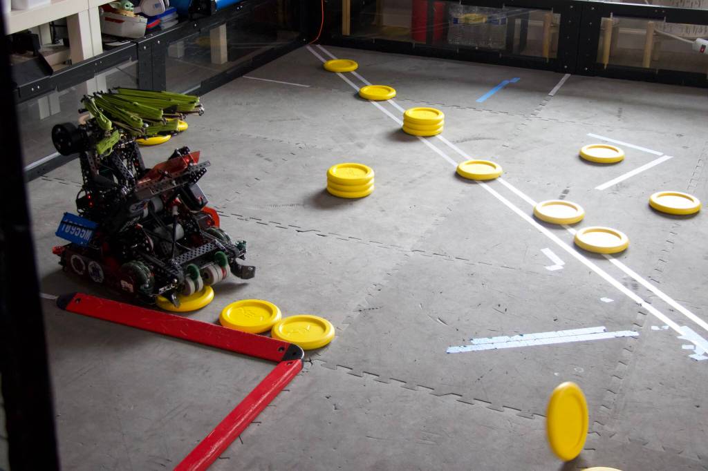 Photo by Rachel Rosen/Whidbey News-Times
The Serrantes familys robot is programmed to throw yellow discs at a target.