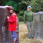 Photo provided
The freshly installed basalt column in 2006 (left) compared to the memorial stone in 2022, which has sunk nearly a foot since its installation.