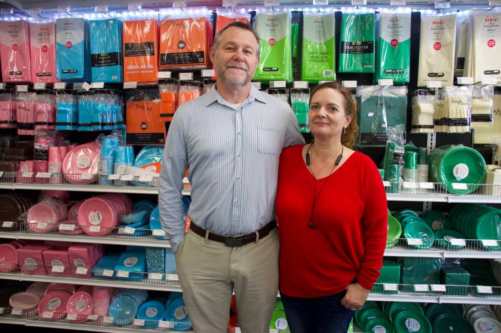 From left, Orin and Kyle Etheridge own the Whidbey Party Store which is closing its doors after 11 year in business. (Photo by Rachel Rosen/Whidbey News-Times)