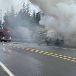 Photo provided by South Whidbey Fire/EMS
A vehicle fire on Highway 525 caused traffic to take a detour on Sunday morning.