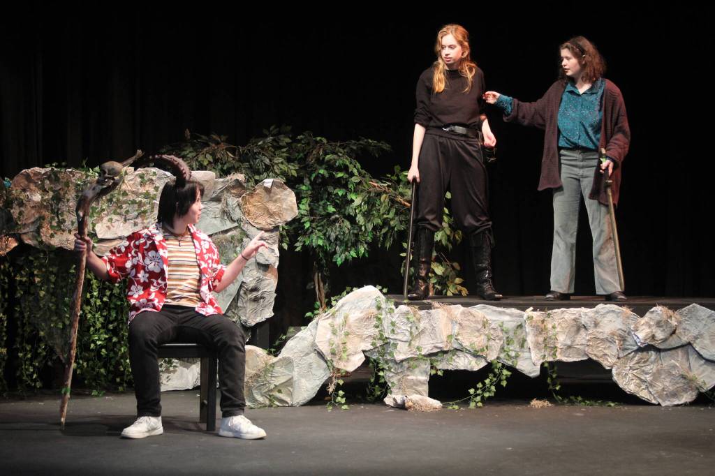 Photo by Karina Andrew/Whidbey News-Times
From left, Milo Socha, Wynter Arndt and Birdie Sinclair rehearse a scene from She Kills Monsters.