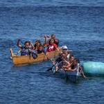 Photo by David Welton
Members of various Coast Salish tribes participate in canoe races at the Penn Cove Water Festival May 13. This years festival was the first since the beginning of the COVID-19 pandemic to hold the traditional canoe races.