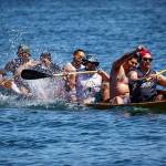Photo by David Welton
Members of various Coast Salish tribes participate in canoe races at the Penn Cove Water Festival May 13. This years festival was the first since the beginning of the COVID-19 pandemic to hold the traditional canoe races.