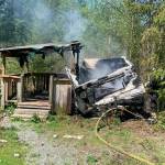 A travel trailer is destroyed in a fire on Central Whidbey May 9.