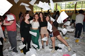 Photo by John Fisken
In an annual Paper Toss tradition, graduating seniors at Oak Harbor High School joyously threw hundreds of pages of homework into the air. The graduation ceremony is Saturday.