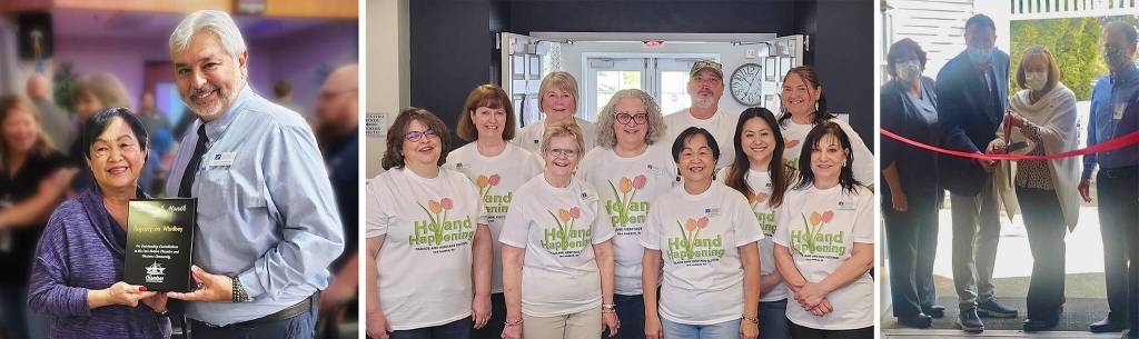 Left: Teri Mendiola, Community Relations Director and Wayne Dorrenbacher, Community Relations Assistant accepting Regency on Whidbeys Large Business of the Month award from the Oak Harbor Chamber. Middle: Regency on Whidbey was one of the apparel sponsors for Holland Happening through the Oak Harbor Chamber. Right: Coupeville Mayor Hughes, Regency-Pacific owners Bart and Sandy Beddoe, and a member of the Coupeville Chamber board.