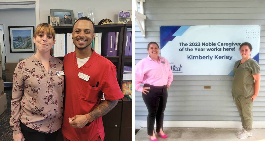Left: Regency on Whidbey Resident Care Coordinator Jayla Lawing and Caregiver Shawn Warner. Right: Regency Coupeville Executive Director, Heather Savela (left), with Noble Caregiver of the Year Kim Kerley.