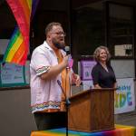 State Sen. Marko Liias was just one of the special guests who spoke during the Langley Pride event on Saturday. (Photo by David Welton)