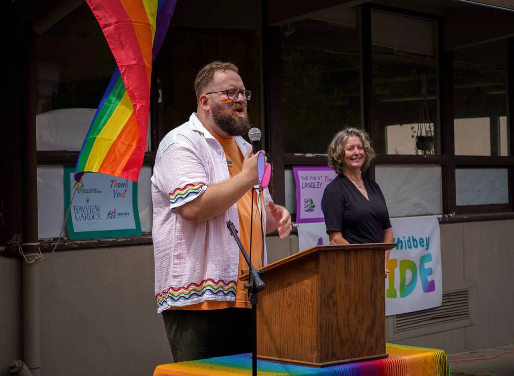 State Sen. Marko Liias was just one of the special guests who spoke during the Langley Pride event on Saturday. (Photo by David Welton)