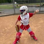 Hudson Currier protects home plate during practice on July 10. (Photo provided)
