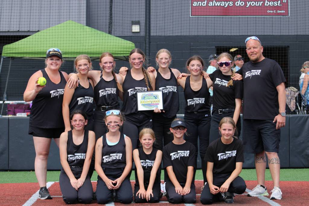 The winning Whidbey Island Thunder 12U softball team. Back row, from left: Coach Keasha Campbell, Sophia Jennings, Lena Heggenes, Gretta Jones, Annika Hastings, Addison Mason, Sophie Ziegler and Coach Daryl Blanchard. Front row, from left, Taylor Usey, Sophia McMenemy, Vanny Lasick, Dakota Lyons and Charlie Lasick. (Photo provided)