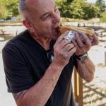 An employee of Penn Cove Brewing Company enjoys a hot dog. (Photo by David Welton)
