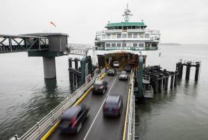 Cars drive onto the ferry at the Mukilteo terminal on Monday, Nov. 1, 2021 in Mukilteo, Wa. (Olivia Vanni / The Herald)